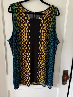 Worthington Sleeveless Geometric Tank Top in Black, Yellow & Teal Size 2X